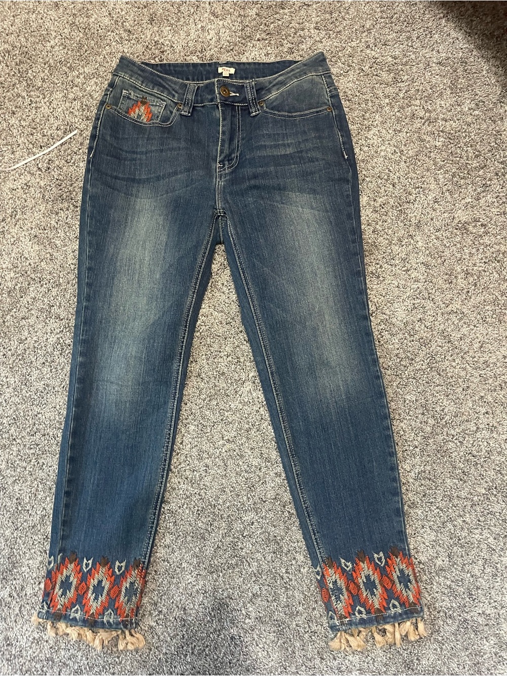 Reba Dark Wash Ankle Jeans with Colorful Embroidered Hem